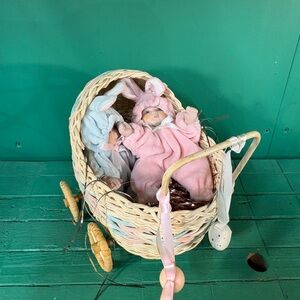 Vintage Bunny Baby Doll Set in Pink and Blue with Carriage